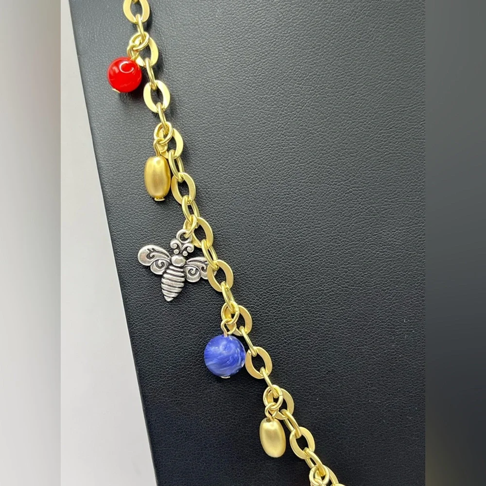 Charm Necklace Bee Heart Star Butterfly Gold Tone with Colorful Beads  Long